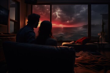 Naklejka premium Cozy Movie Night: Young Couple Enjoying a Relaxing Evening Watching TV Together in Their Modern Living Room