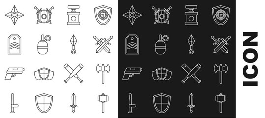 Set line Battle hammer, Medieval axe, Crossed medieval sword, Handle detonator for dynamite, grenade, Chevron, Japanese ninja shuriken and icon. Vector