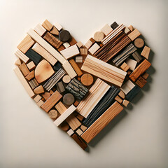 A photo-realistic image of pieces of wood arranged in a heart shape