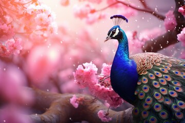 Radiant Spring Harmony: Majestic Peacock Perched Amid Blossoms on an Illuminated Branch