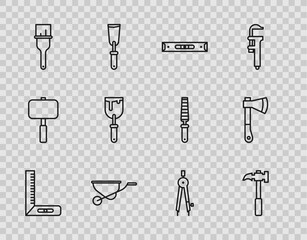 Fototapeta na wymiar Set line Corner ruler, Claw hammer, Construction bubble level, Wheelbarrow, Paint brush, Putty knife, Drawing compass and Wooden axe icon. Vector