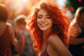 Naklejka premium Redheaded Radiance: A Captivating Evening of Joyful Play at the Outdoor Sunset Party