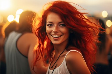 Naklejka premium Redheaded Radiance: A Captivating Evening of Joyful Play at the Outdoor Sunset Party