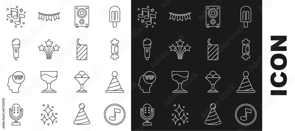 Canvas Prints Set line Music note, tone, Party hat, Candy, Stereo speaker, Firework, Microphone, and rocket icon. Vector