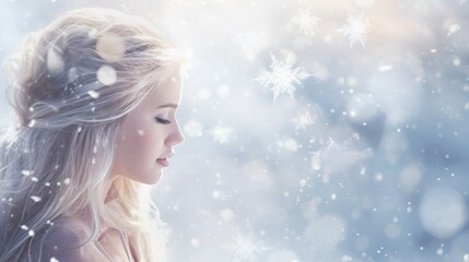 Close-up profile of woman with braided hair surrounded by delicate snowflakes. Ethereal winter scenes.