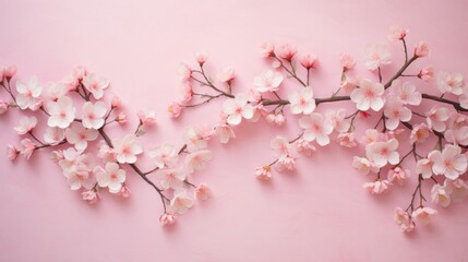 Obraz premium Elegant cherry blossom branches on pink, seasonal background for spring.