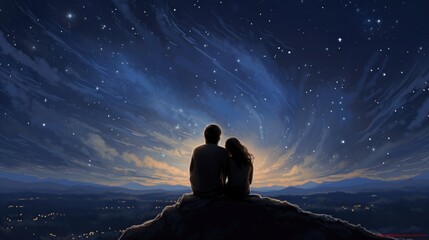 Couple sitting on mountain peak under starry sky overlooking city lights at night, Romance and adventure.