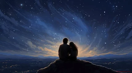 Fotobehang Couple sitting on mountain peak under starry sky overlooking city lights at night, Romance and adventure. © Postproduction