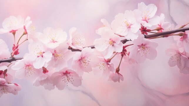 Blossoming cherry tree branches with delicate pink petals against pastel background. Spring bloom.