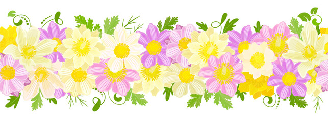 seamless border with spring flowers and leaves. isolated horizon