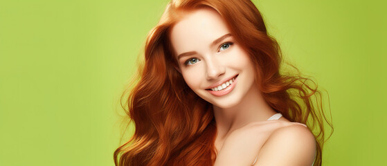 Beautiful elegant european red-haired smiling young woman with perfect skin and long red hair, on a green background, close-up