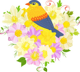 bouquet of spring flowers with little bird. isolated floral arra