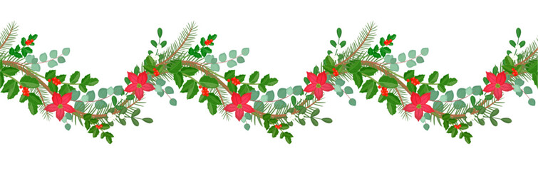 seamless wave border with colorful winter plants and flowers. is