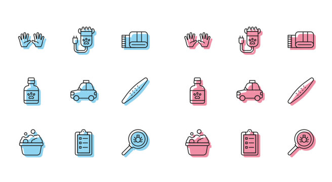 Set line Pets bath, Grooming salon price list, Medical rubber gloves, Flea search, car taxi, Nail file pet, Dog medicine bottle and Hair clipper icon. Vector - Powered by Adobe