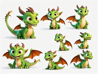 Dragon character with different expressions and poses on isolated background