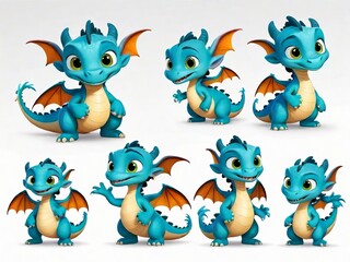 Dragon with different expressions and poses on white background