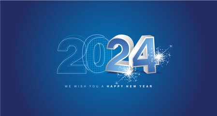 We wish you a happy new year 2024 eve. Architecture construction  from line drawing to 3d model numbers of 2024 with sparkle firework on blue background - obrazy, fototapety, plakaty