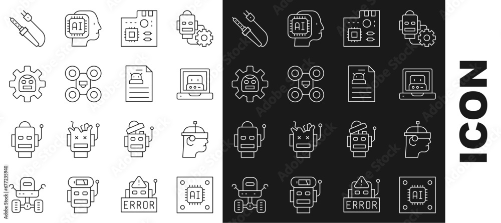 Poster set line processor with microcircuits cpu, smart glasses, creating robot, motherboard digital chip, 