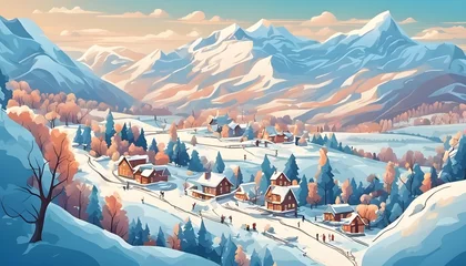 Deurstickers winter landscape with trees and mountains, Idyll country life. hills, blue sky, vector illustration  © holdstillandclick