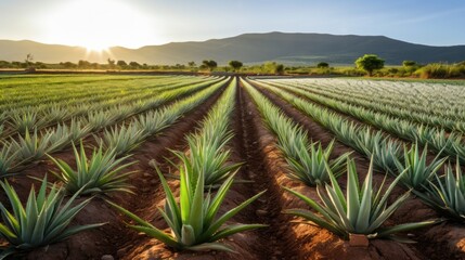 Aloe vera plantation panorama. Medicine cactus growing landscape - obrazy, fototapety, plakaty