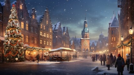 Fototapeta na wymiar Historic buildings lit, clock tower stands tall amid snowy festivities. Traditional winter scene.