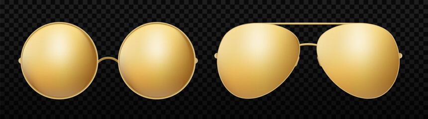 Gold round sunglasses with gold frame. Aviator Sun glasses with gradient lenses vector illustration. Golden googles. - obrazy, fototapety, plakaty