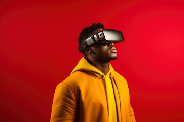 Portrait African american man in vr glasses, playing video games with virtual reality headset