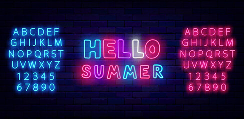 Fototapeta premium Hello summer neon typography badge. Colorful handwritten text. Party celebration. Vector stock illustration
