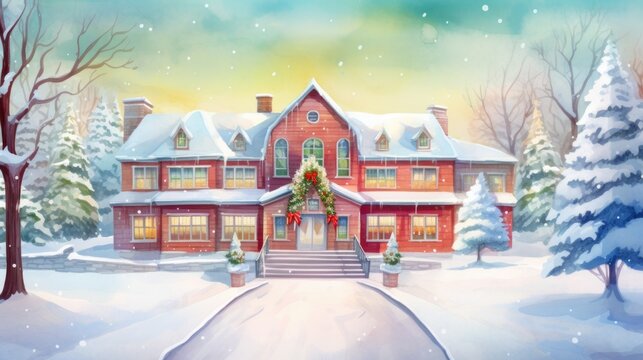 Majestic snow-covered mansion, surrounded by snowy trees. Winter wonderland architecture.