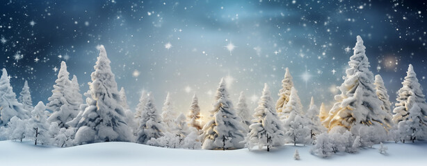 Christmas winter blurred background. Xmas tree with snow decorated with garland lights, holiday festive background. Widescreen backdrop. New year Winter art design, wide screen banner. Generative AI