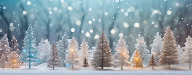Christmas winter blurred background. Xmas tree with snow decorated with garland lights, holiday festive background. Widescreen backdrop. New year Winter art design, wide screen banner. Generative AI