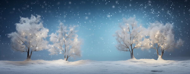 Christmas winter blurred background. Xmas tree with snow decorated with garland lights, holiday festive background. Widescreen backdrop. New year Winter art design, wide screen banner. Generative AI