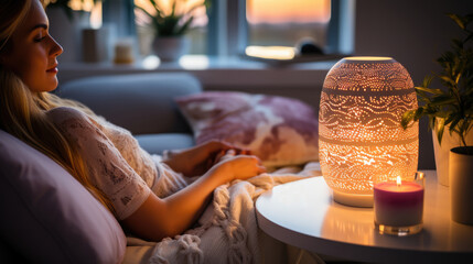Smart home speaker lamp on table in bedroom
