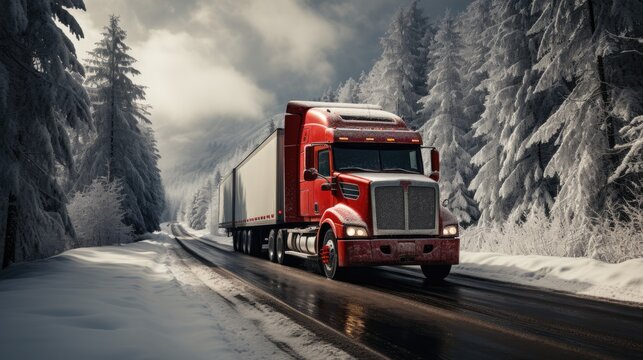Semi truck driving down a snowy road