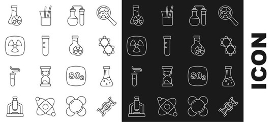 Set line DNA symbol, Test tube, Molecule, Radioactive, with toxic liquid and icon. Vector