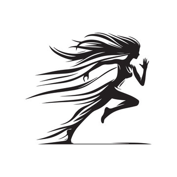 Empowered Running Women: Collection of Black and White Vector Silhouettes, Illustrating Strength, Endurance, and Fitness