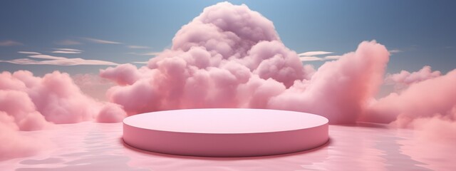 Background podium pink 3d product sky platform display cloud pastel scene render stand. Pink podium...