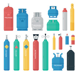 Isolated gas cylinder set. Industrial cylinders, metal tanks and canisters. Propane, oxygen and petroleum storage, decent bottles vector icons