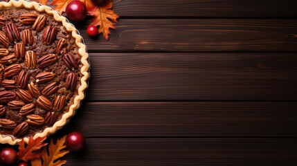 Pecan pie on brown wood plank table flat lay with copyspace top view fall food Thanksgiving cooking banner