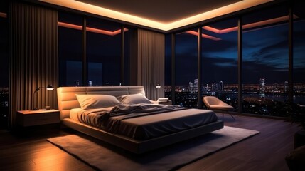 penthouse bedroom at night dark gloomy A room with a view of the city from the bed  - obrazy, fototapety, plakaty