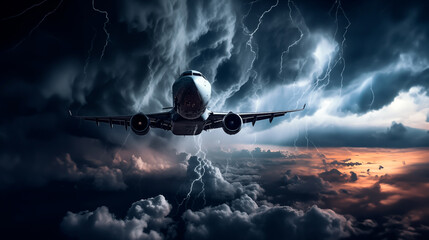 Jet airliner maneuvering through lightning in stormy night skies.