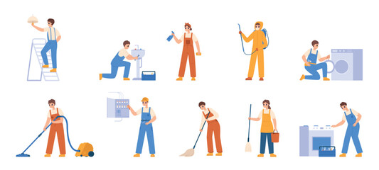 Cartoon repairman characters. Electrician, plumber and disinfector, cleaning service staff workers. Female male characters snugly vector set