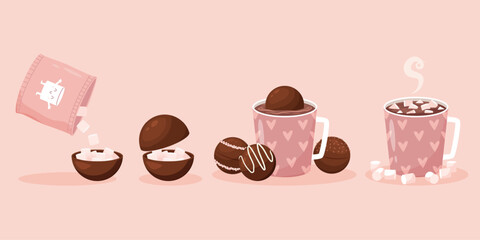 Chocolate bombs for hot milk or cocoa. Tiny marshmallows in choco sphere. Sweet childish dessert, make delicious drink with candies, snugly vector concept