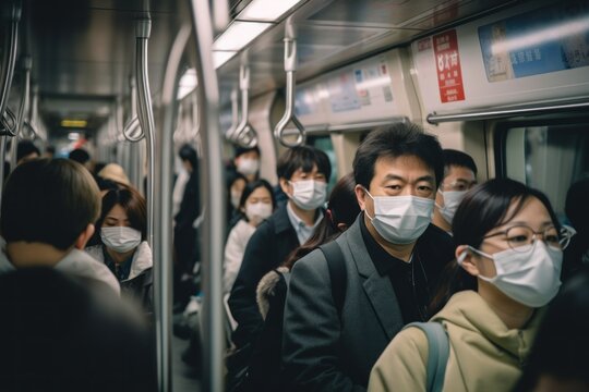 Asian people on subway train wearing covid masks