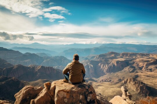 Man Sitting On A Rock Overlooking Mountains