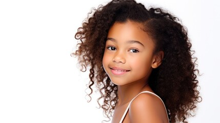 closeup photo portrait of a beautiful young children American model teen girl looking forward. child ad with copy space.