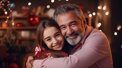 Obraz na płótnie Canvas father day, cute teen girl hugging mature middle age dad. Love, kiss, care, happy smile enjoy family time. celebrate special occasion, happy birthday, merry Christmas. special day