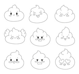 Cute happy kawaii poop with smiling faces. Coloring Page. Cartoon funny characters. Hand drawn style. Vector drawing. Collection of design elements.