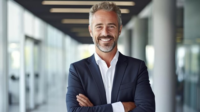 portrait of successful senior businessman consultant looking at camera and smiling inside modern office building