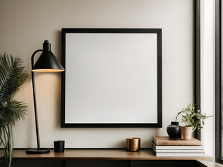 Mockup poster frame on the wall of living room. Luxurious apartment background with contemporary design. wooden sideboard, white sofa, green stand, base with leaves, plants, and stylish lamp